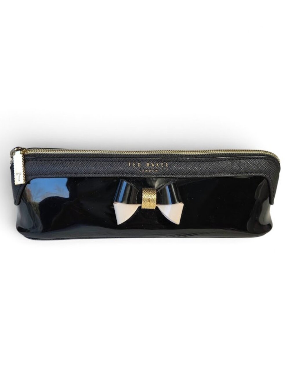 TED BAKER London Black Patent Bow Cosmetic Bag Pencil Case Makeup Pouch Zip 8" - Picture 1 of 7